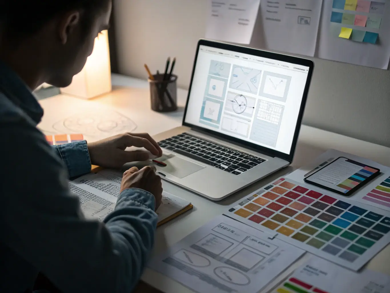 A designer working on a website layout on a large monitor, showcasing the initial design phase with wireframes and mockups.
