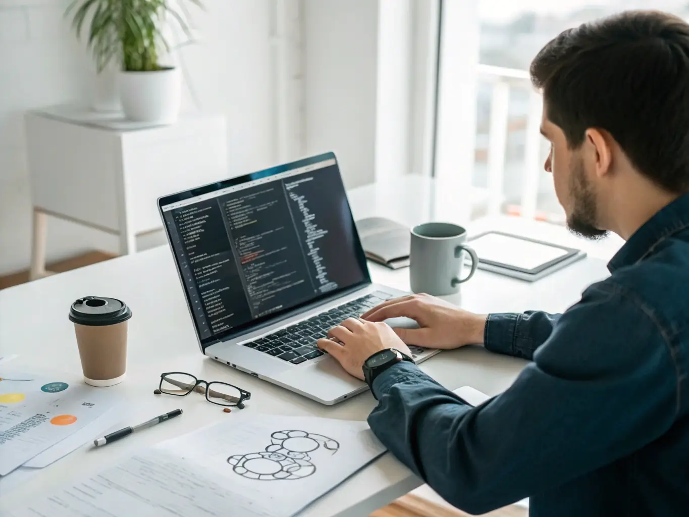 A developer coding on a computer, illustrating the development phase where the design is brought to life with clean and efficient code.